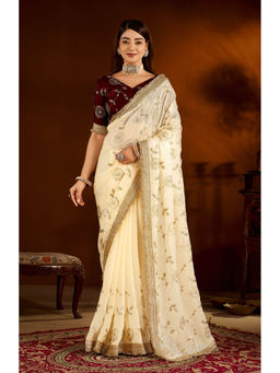 RAAG VARNAM - Cream Satin Embroidered Saree with Unstitched Blouse