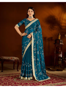 RAAG VARNAM - Rama Green Satin Embroidered Saree with Unstitched Blouse