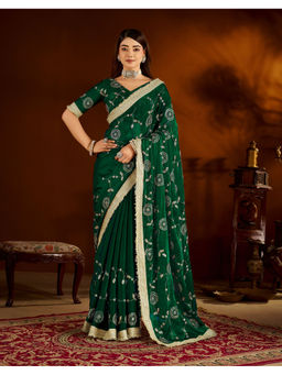 RAAG VARNAM - Green Satin Embroidered Saree with Unstitched Blouse