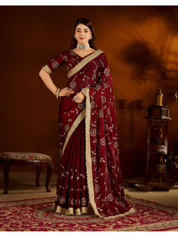 RAAG VARNAM - Maroon Satin Embroidered Saree with Unstitched Blouse