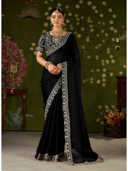 RAAG VARNAM - Black Silk Blend Embroidered Saree with Unstitched Blouse
