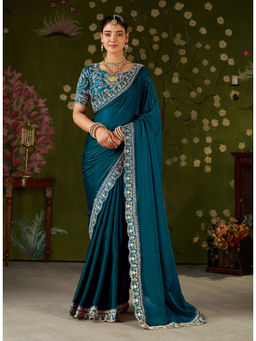 RAAG VARNAM - Rama Green Silk Blend Embroidered Saree with Unstitched Blouse