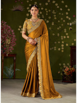 RAAG VARNAM - Mustard Silk Blend Embroidered Saree with Unstitched Blouse