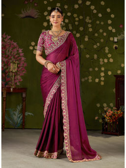 RAAG VARNAM - Rani Pink Silk Blend Embroidered Saree with Unstitched Blouse
