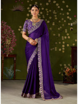RAAG VARNAM - Purple Silk Blend Embroidered Saree with Unstitched Blouse