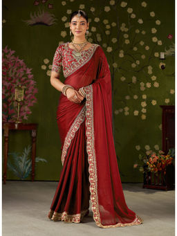 RAAG VARNAM - Red Silk Blend Embroidered Saree with Unstitched Blouse