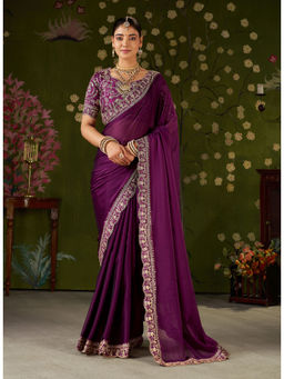 RAAG VARNAM - Wine Silk Blend Embroidered Saree with Unstitched Blouse