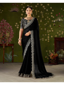 RAAG VARNAM - Black Silk Blend Embroidered Saree with Unstitched Blouse