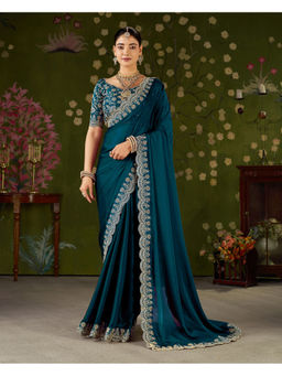 RAAG VARNAM - Rama Green Silk Blend Embroidered Saree with Unstitched Blouse