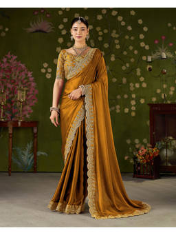 RAAG VARNAM - Mustard Silk Blend Embroidered Saree with Unstitched Blouse