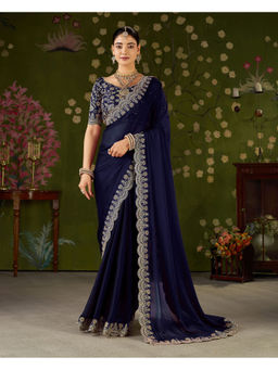 RAAG VARNAM - Navy Blue Silk Blend Embroidered Saree with Unstitched Blouse