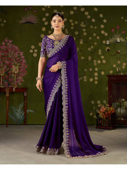 RAAG VARNAM - Purple Silk Blend Embroidered Saree with Unstitched Blouse