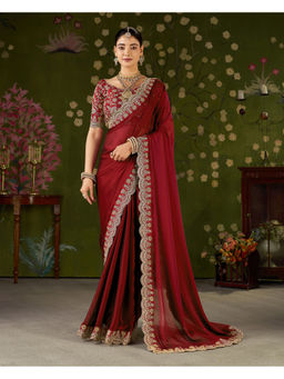 RAAG VARNAM - Red Silk Blend Embroidered Saree with Unstitched Blouse