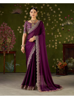 RAAG VARNAM - Wine Silk Blend Embroidered Saree with Unstitched Blouse