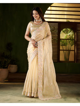 RAAG VARNAM - Beige Satin Embroidered Saree with Unstitched Blouse
