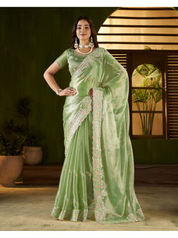 RAAG VARNAM - Pista Green Satin Embroidered Saree with Unstitched Blouse