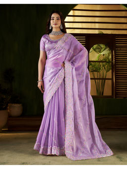 RAAG VARNAM - Lavender Satin Embroidered Saree with Unstitched Blouse