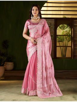 RAAG VARNAM - Pink Satin Embroidered Saree with Unstitched Blouse