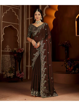 RAAG VARNAM - Brown Satin Embroidered Saree with Unstitched Blouse