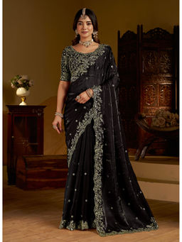RAAG VARNAM - Black Satin Embroidered Saree with Unstitched Blouse