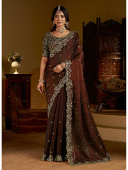 RAAG VARNAM - Brown Satin Embroidered Saree with Unstitched Blouse