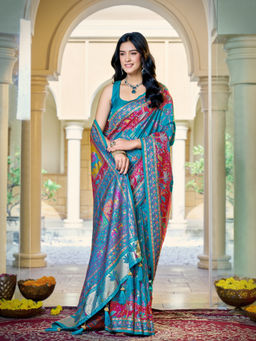 Manohari - Turquoise Banarasi Soft Silk Blend Saree with Unstitched Blouse