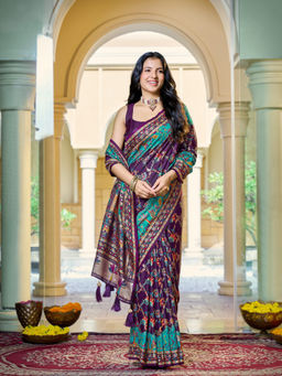 Manohari - Purple Banarasi Soft Silk Blend Saree with Unstitched Blouse