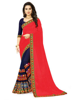 SERONA FABRICS - Blue Georgette Half and Half Embroidered Saree with Unstitched Blouse