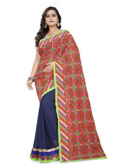 SERONA FABRICS - Navy Blue Embroidered Pallu Saree with Unstitched Blouse