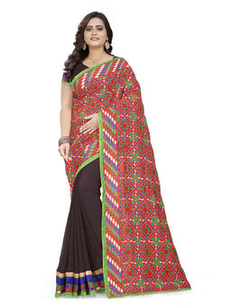 SERONA FABRICS - Brown Georgette Embroidered Pallu Saree with Unstitched Blouse