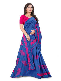 SERONA FABRICS - Blue Thread Embroidery Work Saree with Unstitched Blouse