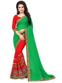 SERONA FABRICS - Red Georgette Half and Half Embroidered Saree with Unstitched Blouse