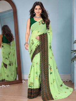 Shaily - Light Green Georgette Floral Saree with Unstitched Blouse