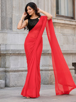 Shaily - Red Georgette Solid Saree with Unstitched Blouse