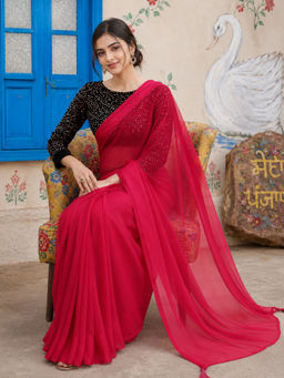 Shaily - Magenta Georgette Solid Saree with Unstitched Blouse