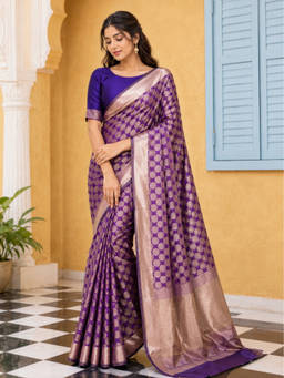 Shaily - Purple Banarasi Silk Woven Saree with Unstitched Blouse