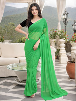 Shaily - Green Georgette Solid Saree with Unstitched Blouse