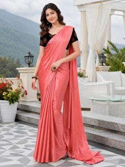 Shaily - Peach Satin Solid Saree with Unstitched Blouse