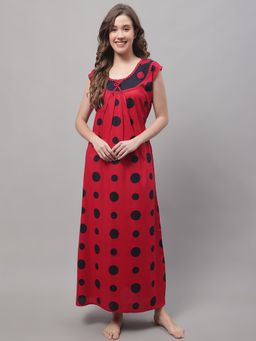 Secret Wish - Women's Red Cotton Nighty With Polka Dot Print