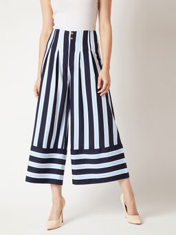 Miss Chase - Women Navy Blue & Sky Blue Striped Wide Leg Regular Length Pants