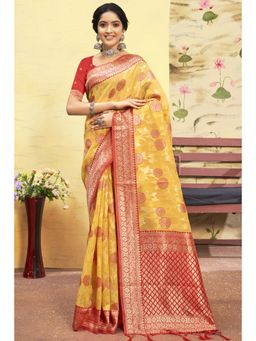 Sangam Prints - Yellow Cotton Woven Zari Work Traditional Tassel Saree with Unstitched Blouse