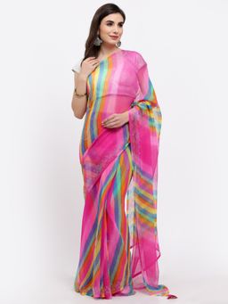 KISHORI - Women Lehariya With Swarovski Work Chiffon Saree & Blouse Multicolor with Unstitched