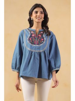 SAVI - Blue Embroidered Three Fourth Sleeves Top