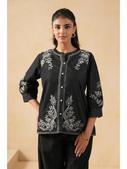 SAVI - Black Embroidered Three Fourth Sleeves Top
