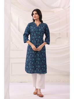 SAVI - Blue Floral Three Fourth Sleeves Kurta