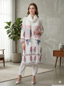 MAAND - White Floral Full Sleeves Kurta Pant & Dupatta