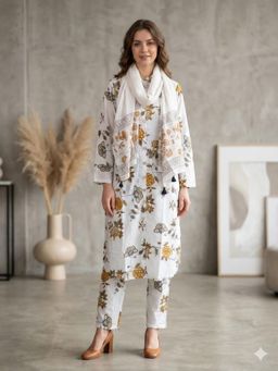 MAAND - White Floral Full Sleeves Kurta Pant & Dupatta