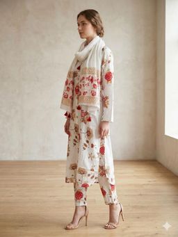 MAAND - White Floral Full Sleeves Kurta Pant & Dupatta