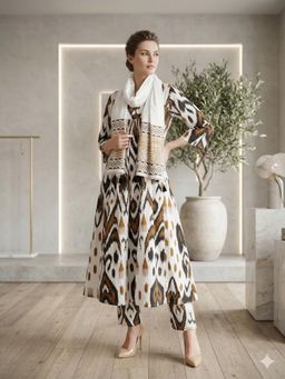 MAAND - White Printed Three Fourth Sleeves Kurta Pant & Dupatta
