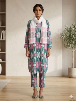 MAAND - Pink Printed Full Sleeves Kurta Pant & Dupatta